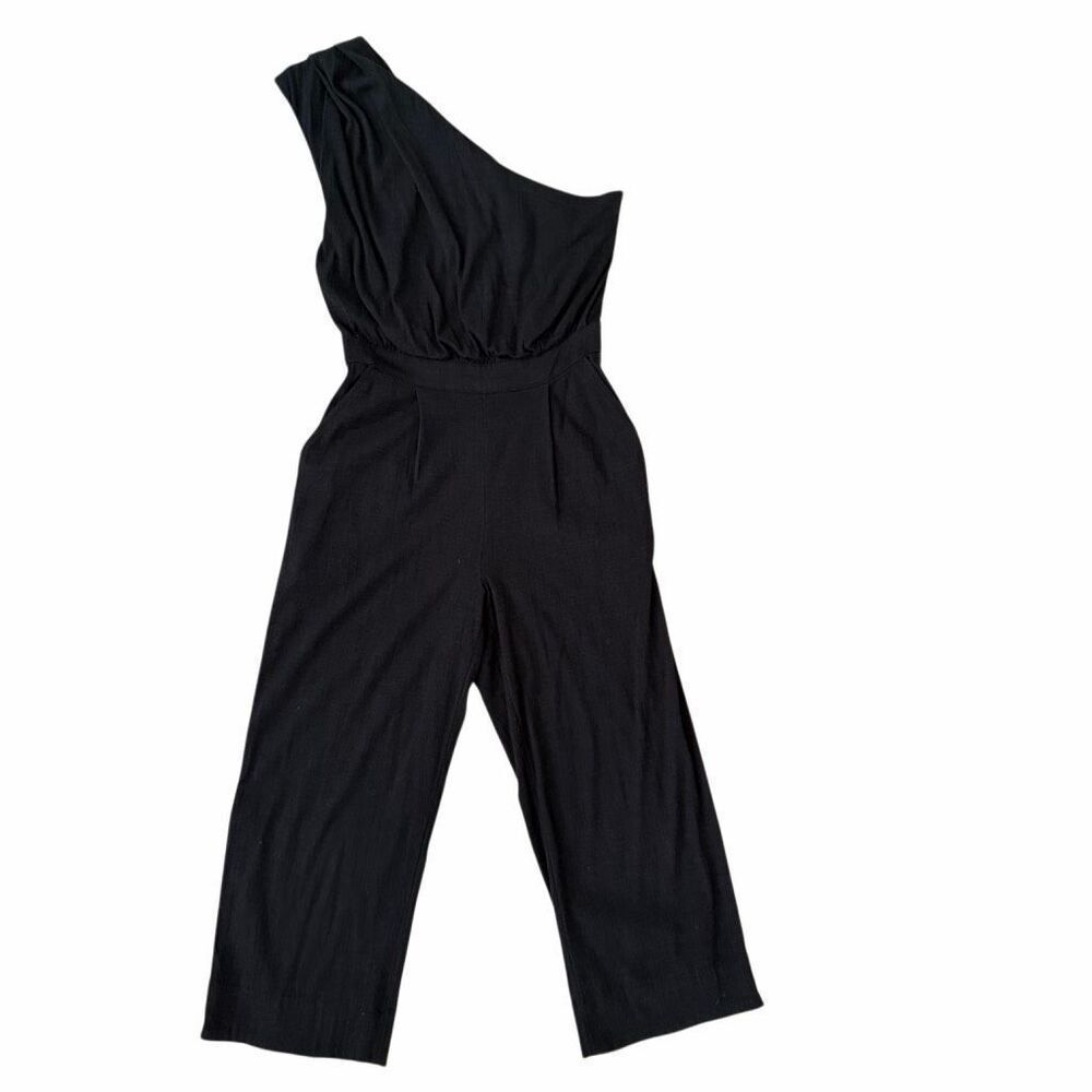 Free People Avery Jumpsuit One Shoulder Wide Leg Pocket Black Sz 4
